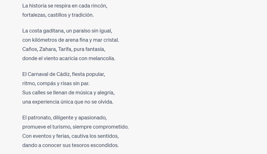 Captura de pantalla de la poesía sobre Cádiz creada por la IA